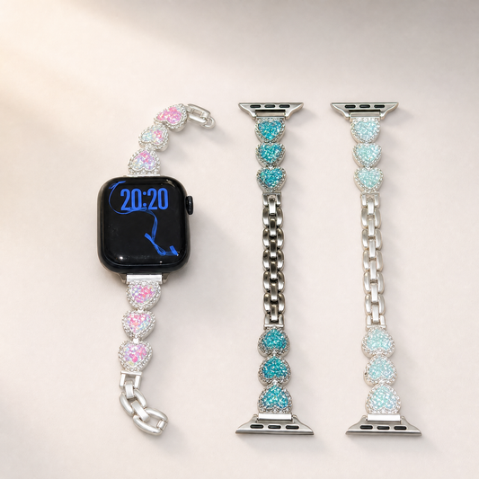 Silver Heart Charm Metal Strap for Apple Watch - Iridescent Pearl Collection (S1-S11, Ultra)