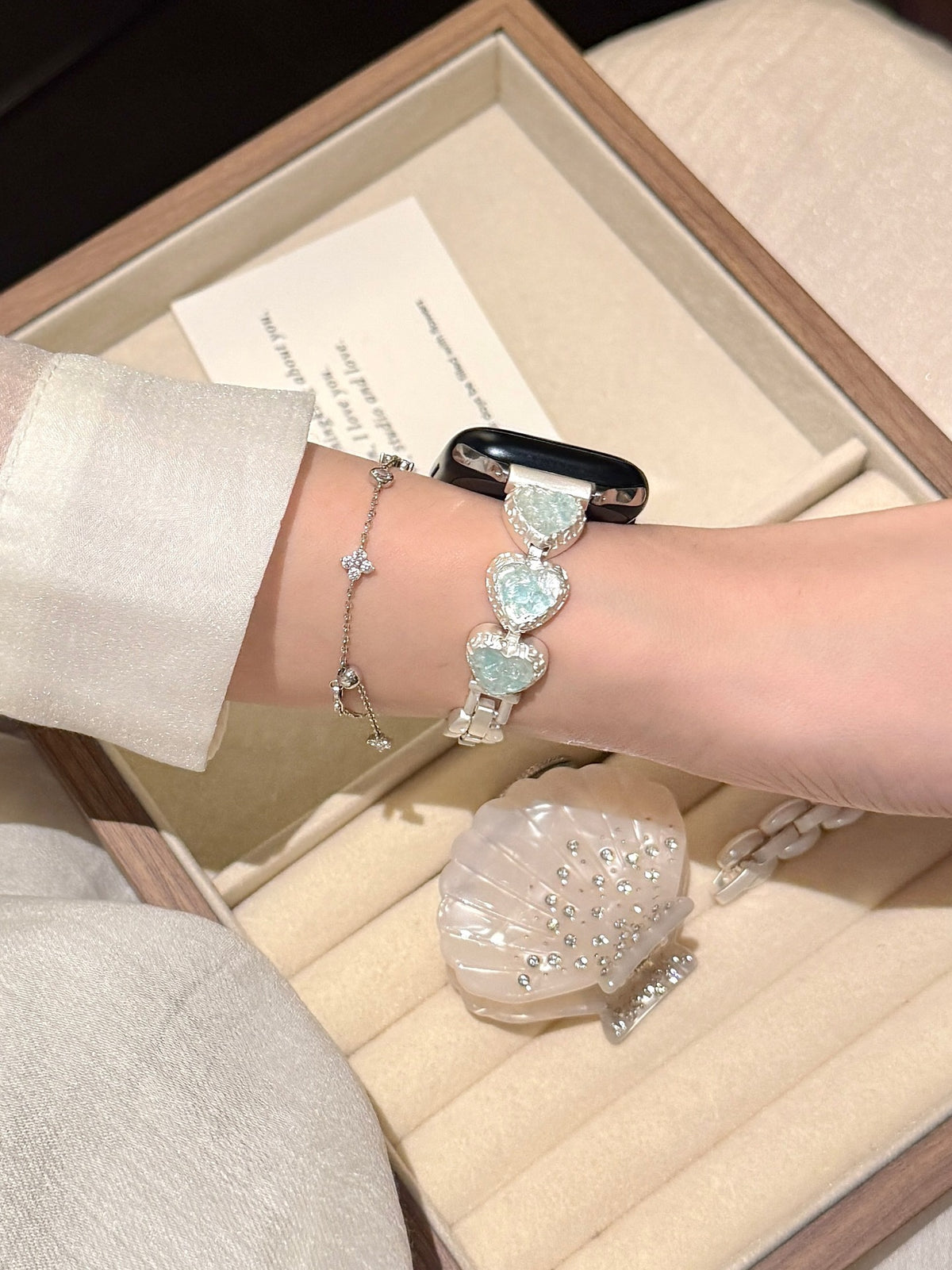 Silver Heart Charm Metal Strap for Apple Watch - Iridescent Pearl Collection (S1-S11, Ultra)