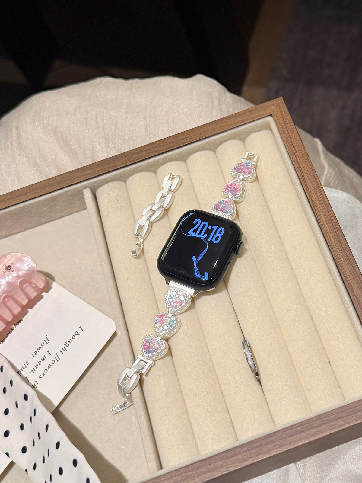 Silver Heart Charm Metal Strap for Apple Watch - Iridescent Pearl Collection (S1-S11, Ultra)