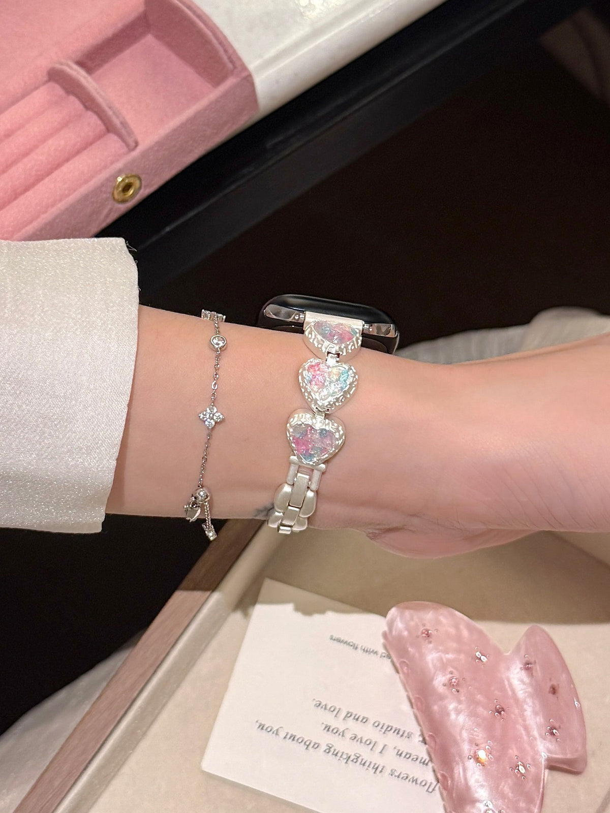 Silver Heart Charm Metal Strap for Apple Watch - Iridescent Pearl Collection (S1-S11, Ultra)