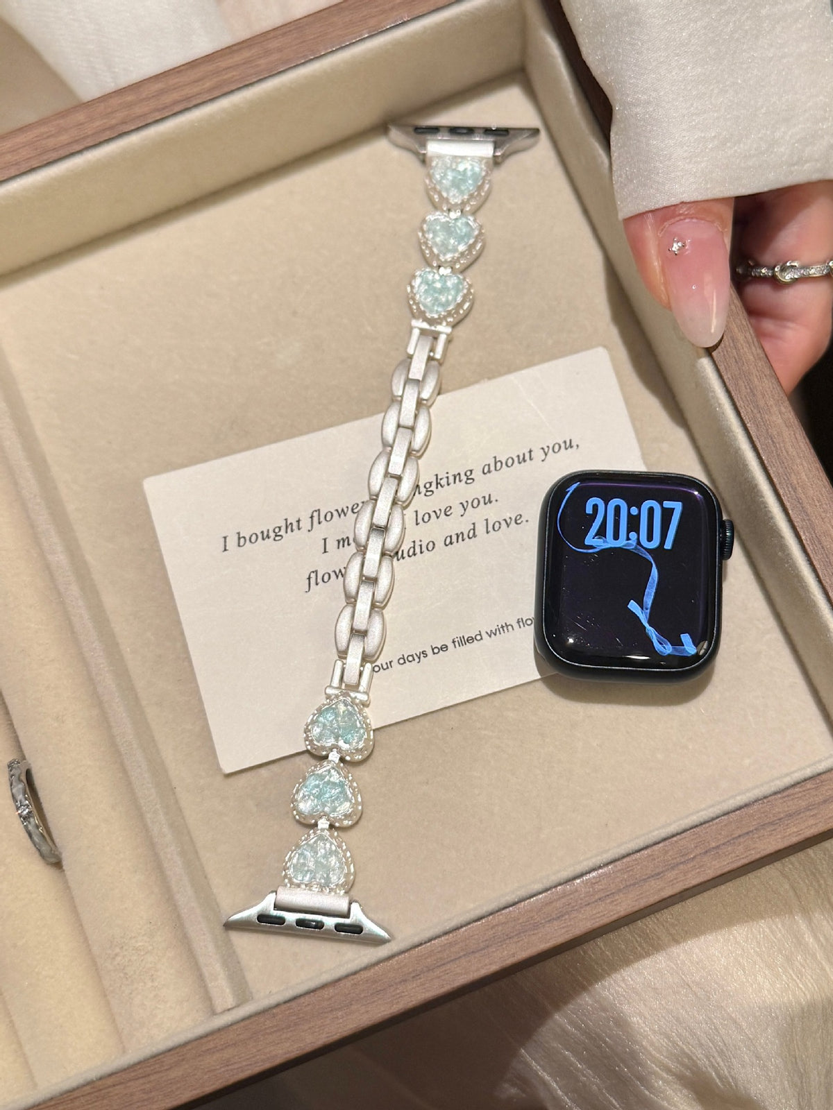 Silver Heart Charm Metal Strap for Apple Watch - Iridescent Pearl Collection (S1-S11, Ultra)