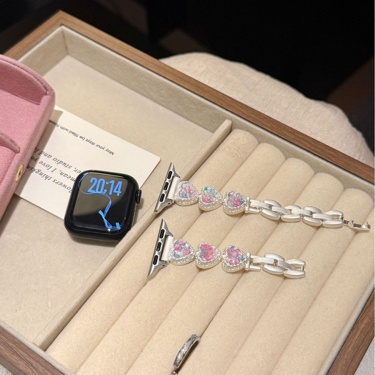 Iridescent heart charm metal watch strap in velvet jewelry box