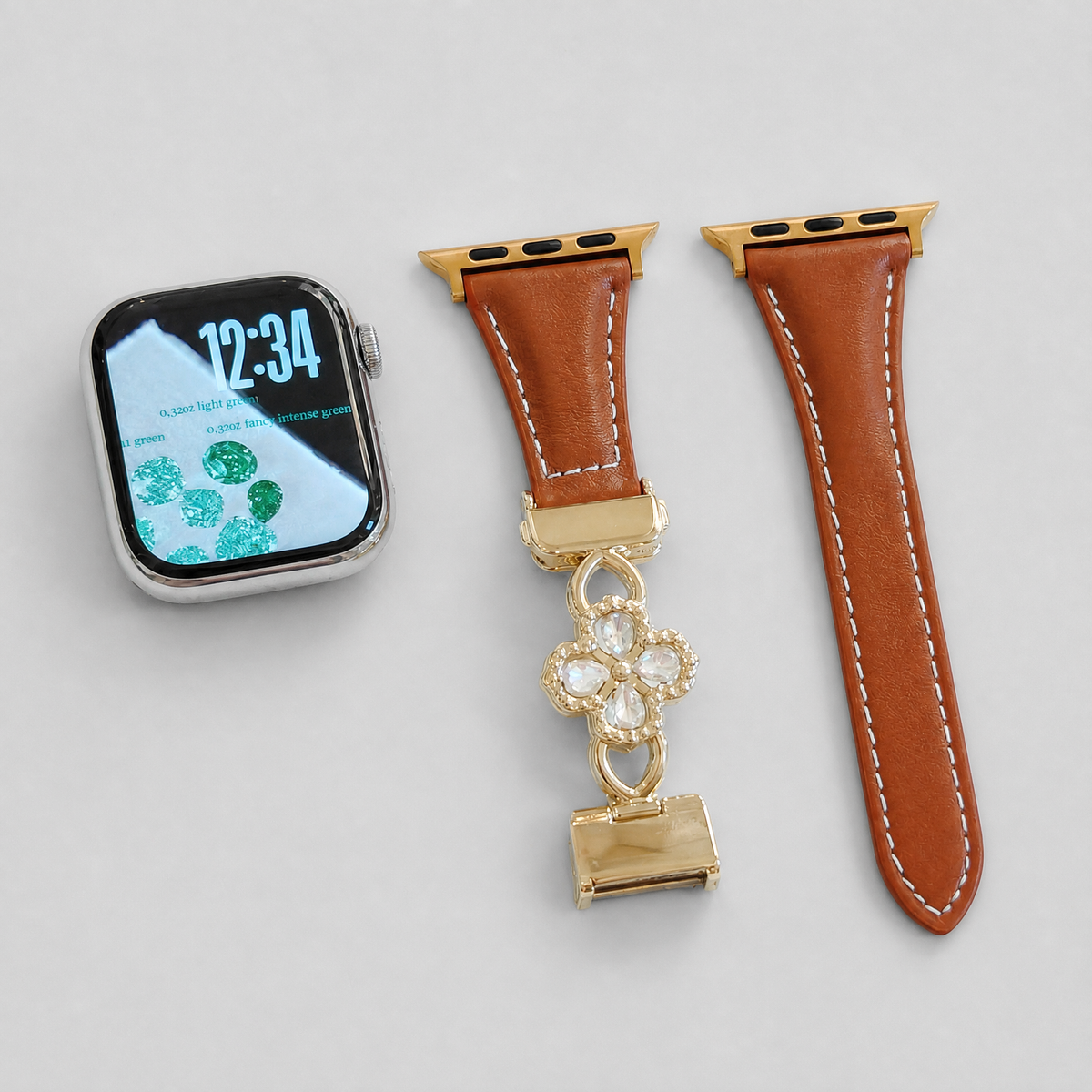 Dual-Layer Clover Zircon Genuine Leather Magnetic Strap for Apple Watch - Four-Leaf Charm Collection