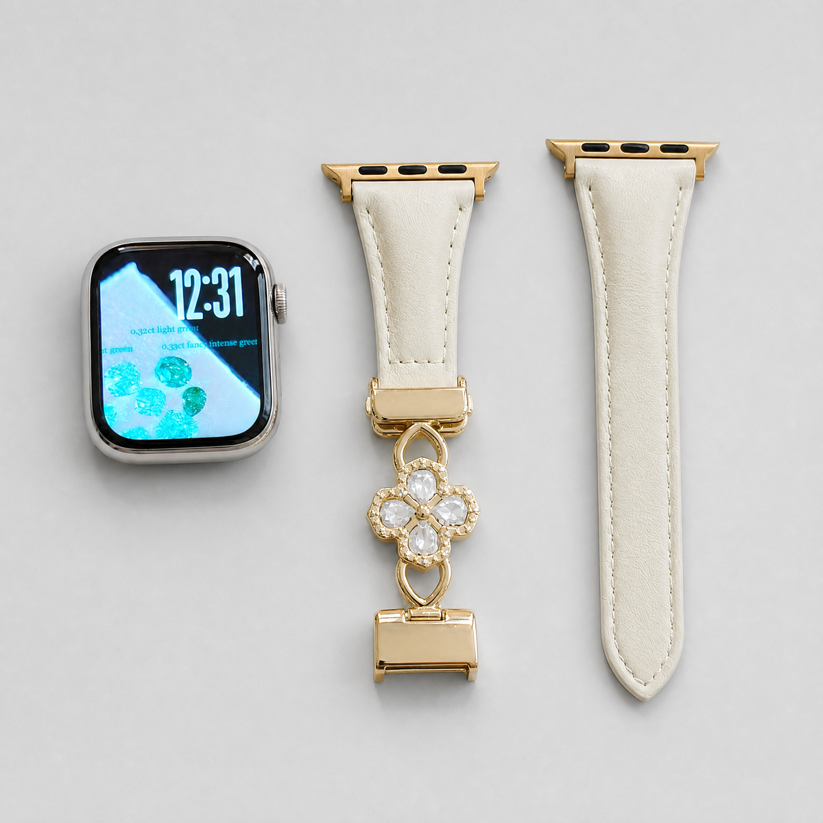 Dual-Layer Clover Zircon Genuine Leather Magnetic Strap for Apple Watch - Four-Leaf Charm Collection