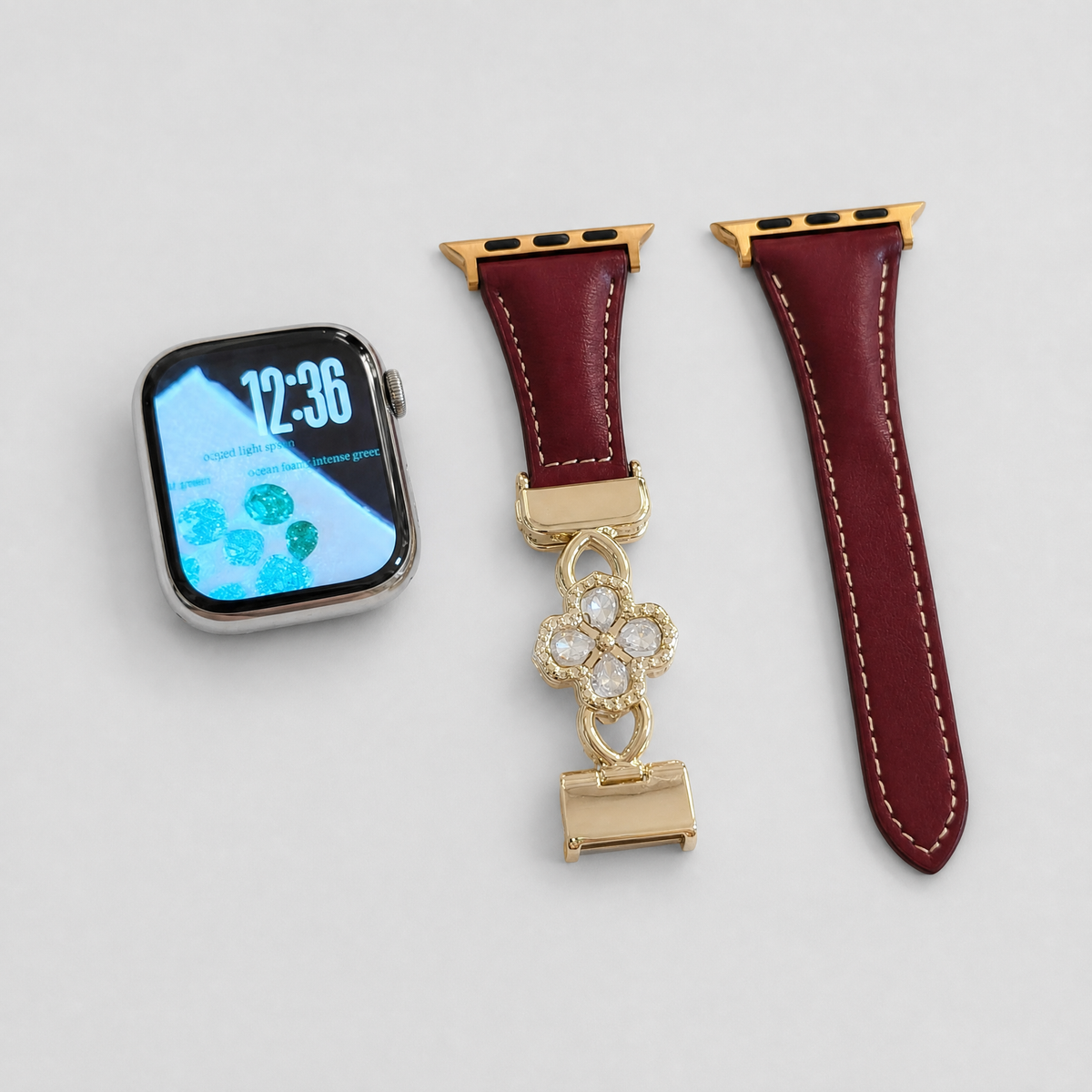 Dual-Layer Clover Zircon Genuine Leather Magnetic Strap for Apple Watch - Four-Leaf Charm Collection