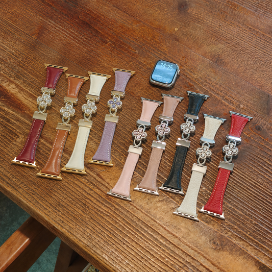 Dual-Layer Clover Zircon Genuine Leather Magnetic Strap for Apple Watch - Four-Leaf Charm Collection