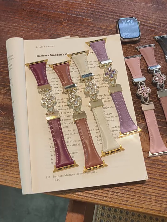 Dual-Layer Clover Zircon Genuine Leather Magnetic Strap for Apple Watch - Four-Leaf Charm Collection