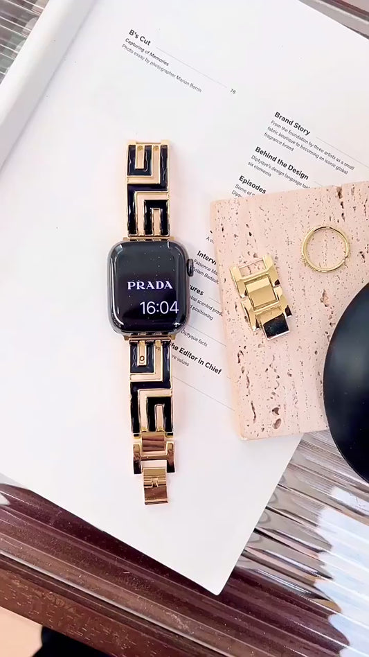 Greek Key Metal Strap for Apple Watch - Luxury Crystal & Enamel Jewelry Band (S1-S11, Ultra)