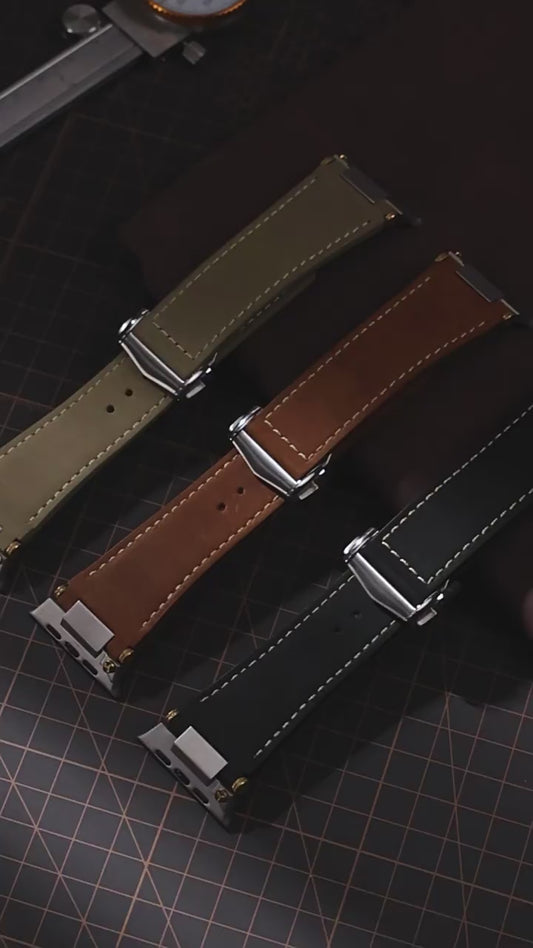 Crazy Horse Leather Strap with Metal Folding Clasp for Apple Watch - Vintage Workwear Style (S1-S11,SE,Ultra)