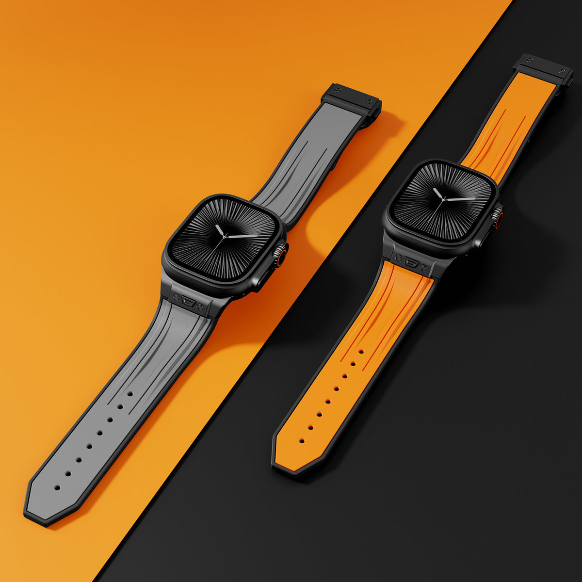 Dual-color premium silicone Apple Watch Ultra strap showing textured two-tone outer layer and smooth black inner base